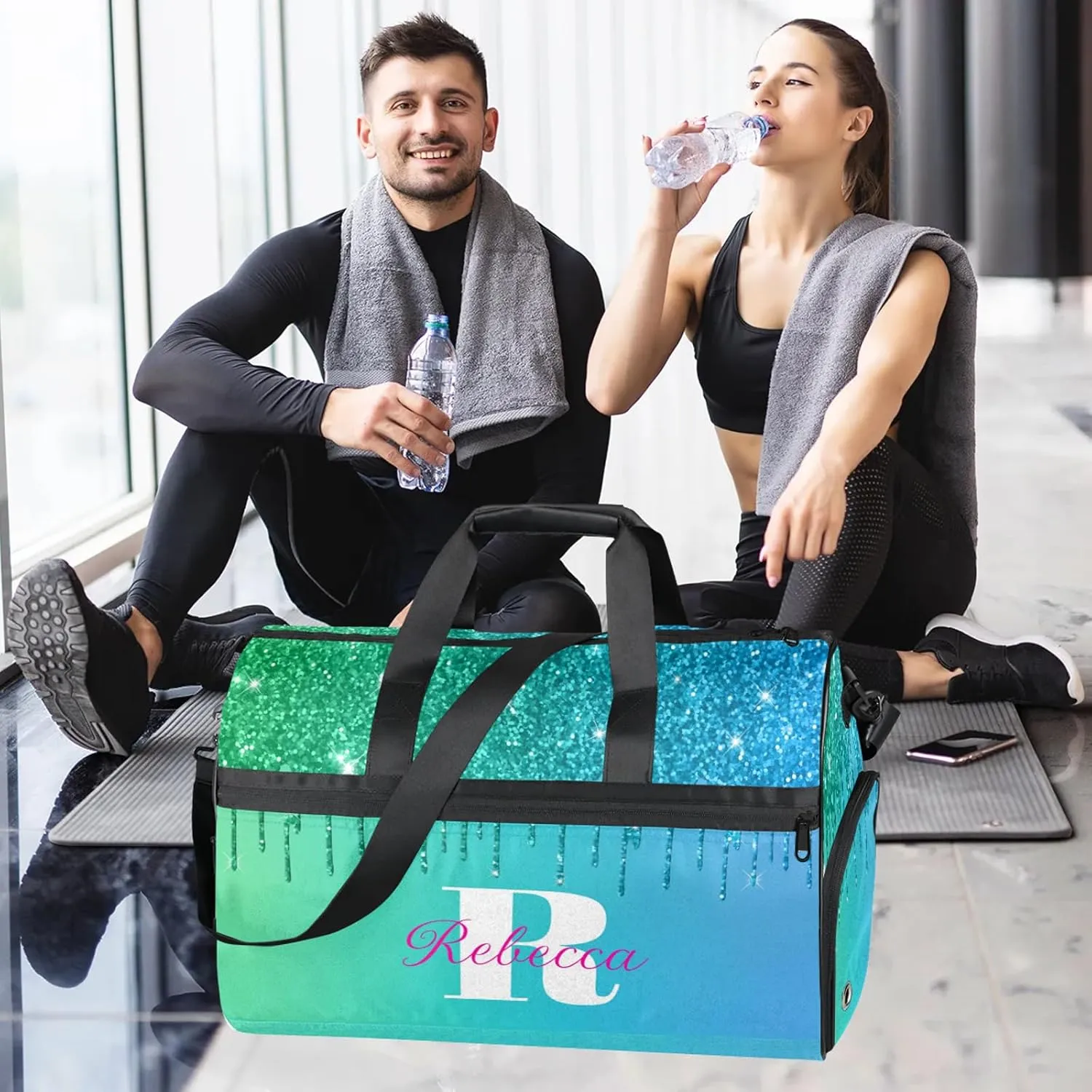 Custom Name Sports Bag Personalized Gym Bag with Shoes Compartment for Women Men Overnight Weekender Travel Duffel Bags, Green