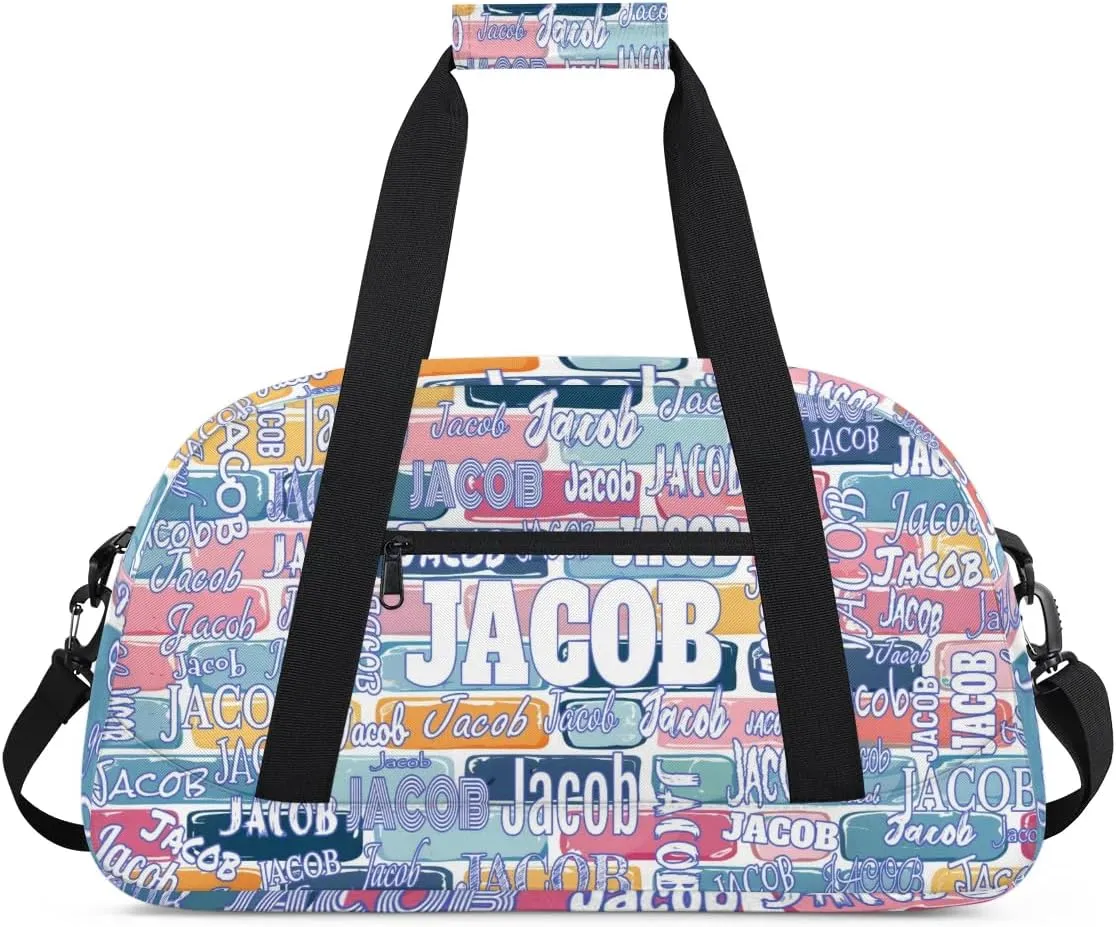 Custom Name Sports Bag, Personalized Travel Bag Overnight Duffel Bag Gymnastics Swimming Sleepover Overnight Sports Bag, Colorful Watercolor Bricks Wall Background