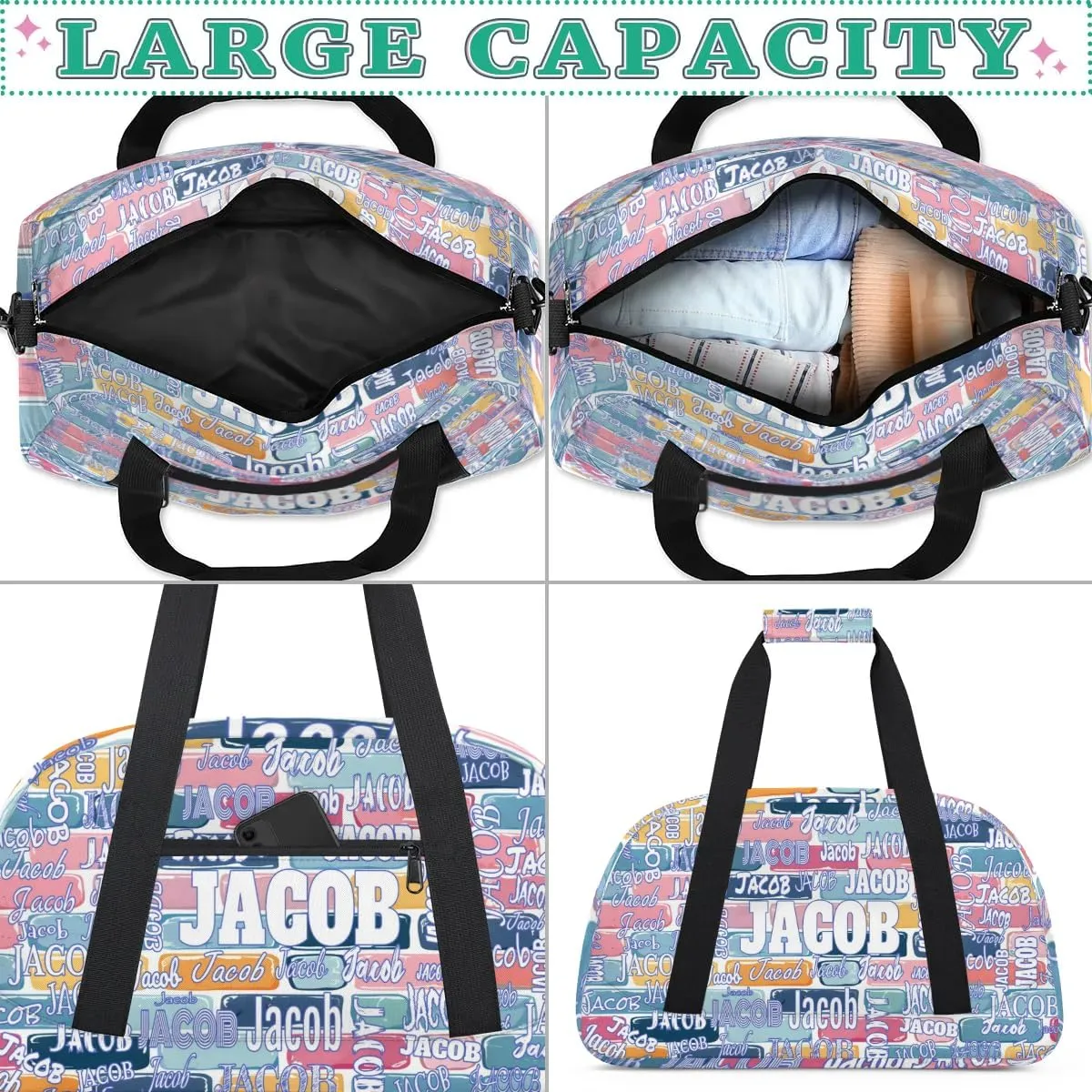 Custom Name Sports Bag, Personalized Travel Bag Overnight Duffel Bag Gymnastics Swimming Sleepover Overnight Sports Bag, Colorful Watercolor Bricks Wall Background