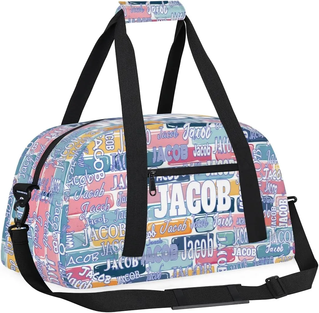 Custom Name Sports Bag, Personalized Travel Bag Overnight Duffel Bag Gymnastics Swimming Sleepover Overnight Sports Bag, Colorful Watercolor Bricks Wall Background