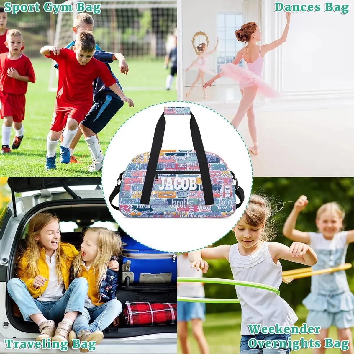 Custom Name Sports Bag, Personalized Travel Bag Overnight Duffel Bag Gymnastics Swimming Sleepover Overnight Sports Bag, Colorful Watercolor Bricks Wall Background