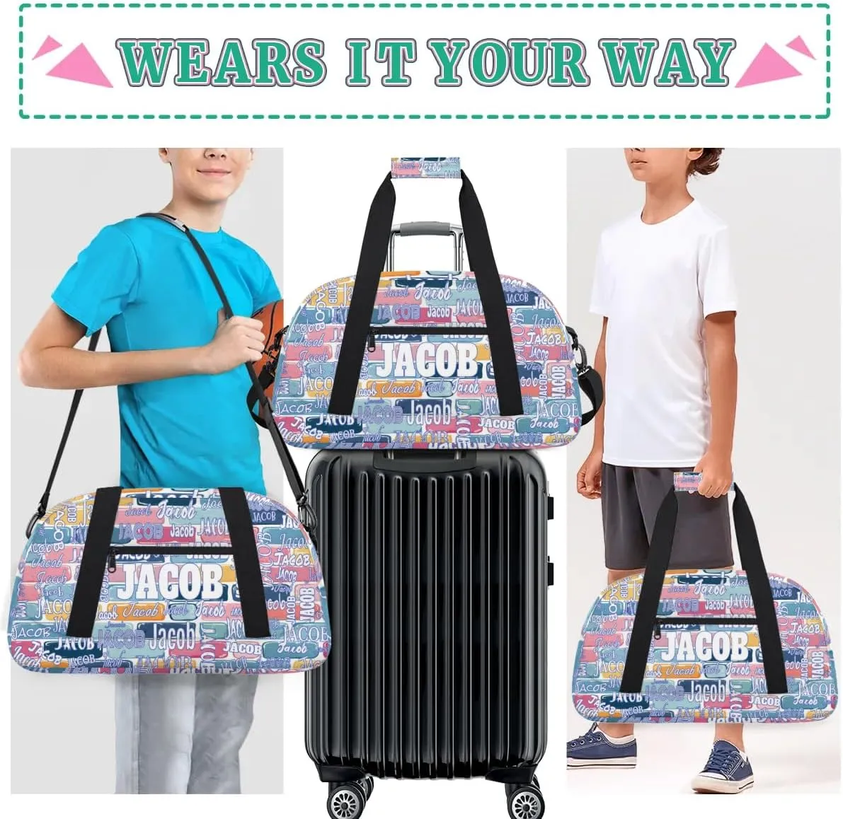 Custom Name Sports Bag, Personalized Travel Bag Overnight Duffel Bag Gymnastics Swimming Sleepover Overnight Sports Bag, Colorful Watercolor Bricks Wall Background