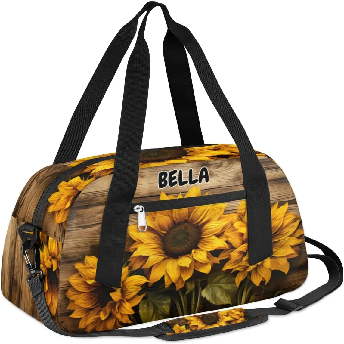 Custom Name Sports Duffel Bag Girls, Personalized Gym Dance Cheerleaders Bag Travel Weekender Tote Carry-On Fitness Perform Training Bag, Sunflower on the Brown Wood Board
