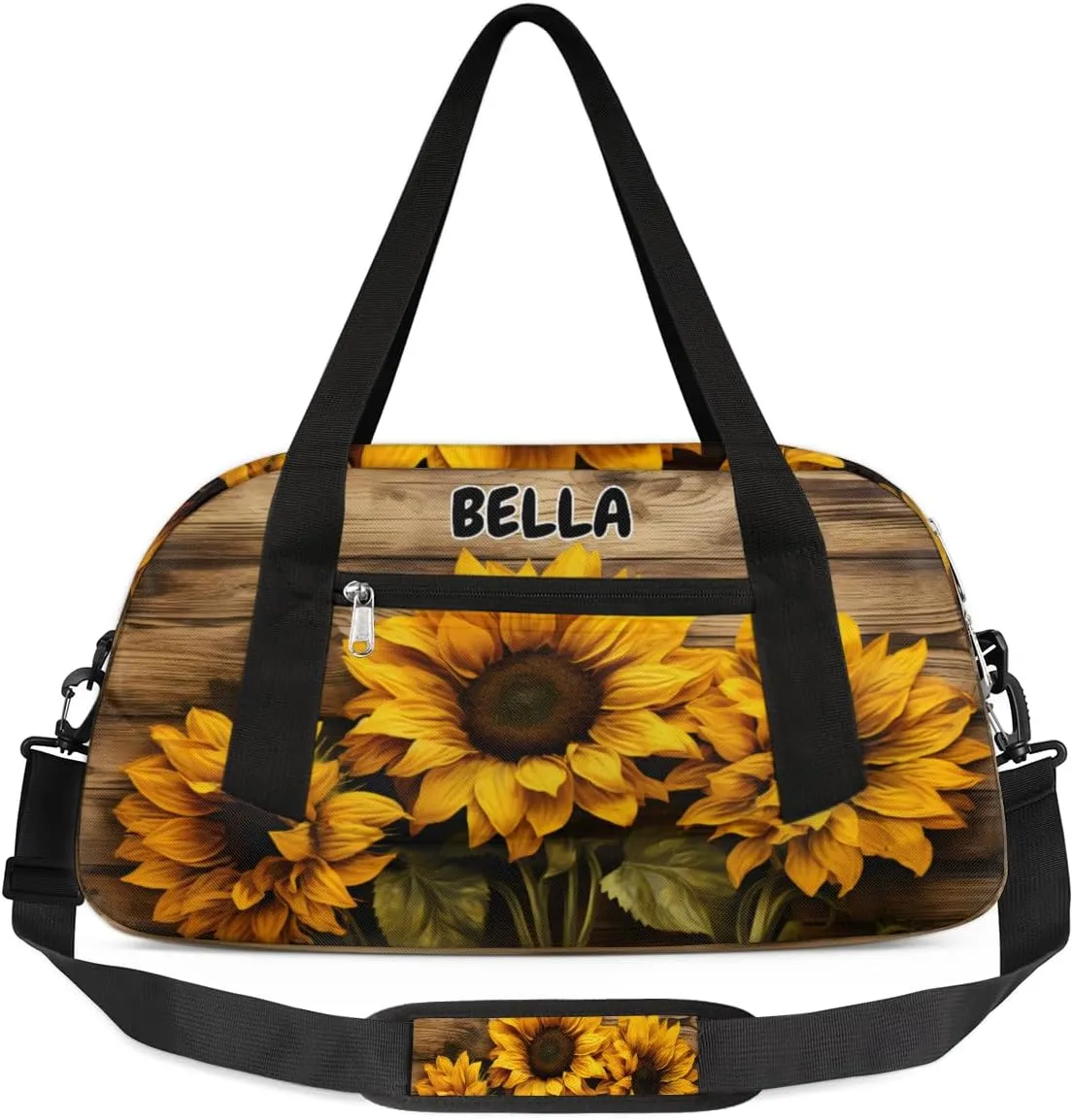 Custom Name Sports Duffel Bag Girls, Personalized Gym Dance Cheerleaders Bag Travel Weekender Tote Carry-On Fitness Perform Training Bag, Sunflower on the Brown Wood Board