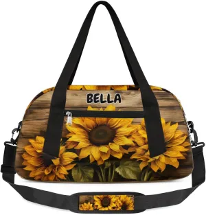 Custom Name Sports Duffel Bag Girls, Personalized Gym Dance Cheerleaders Bag Travel Weekender Tote Carry-On Fitness Perform Training Bag, Sunflower on the Brown Wood Board