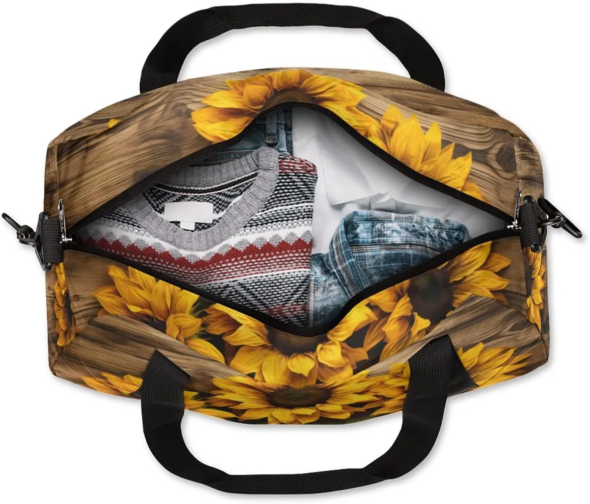 Custom Name Sports Duffel Bag Girls, Personalized Gym Dance Cheerleaders Bag Travel Weekender Tote Carry-On Fitness Perform Training Bag, Sunflower on the Brown Wood Board