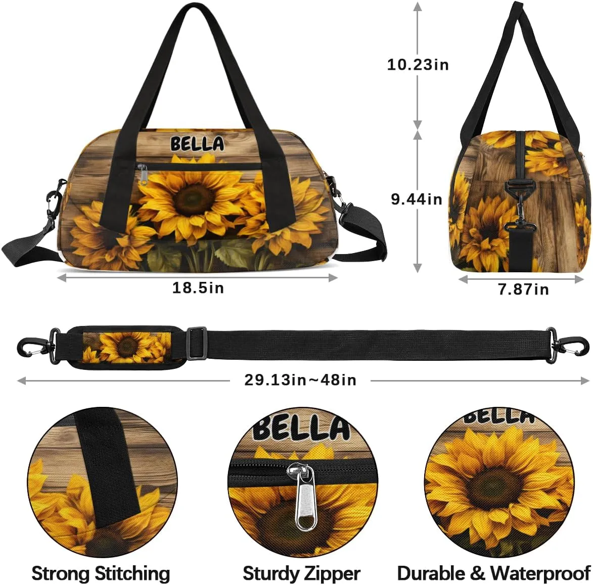 Custom Name Sports Duffel Bag Girls, Personalized Gym Dance Cheerleaders Bag Travel Weekender Tote Carry-On Fitness Perform Training Bag, Sunflower on the Brown Wood Board
