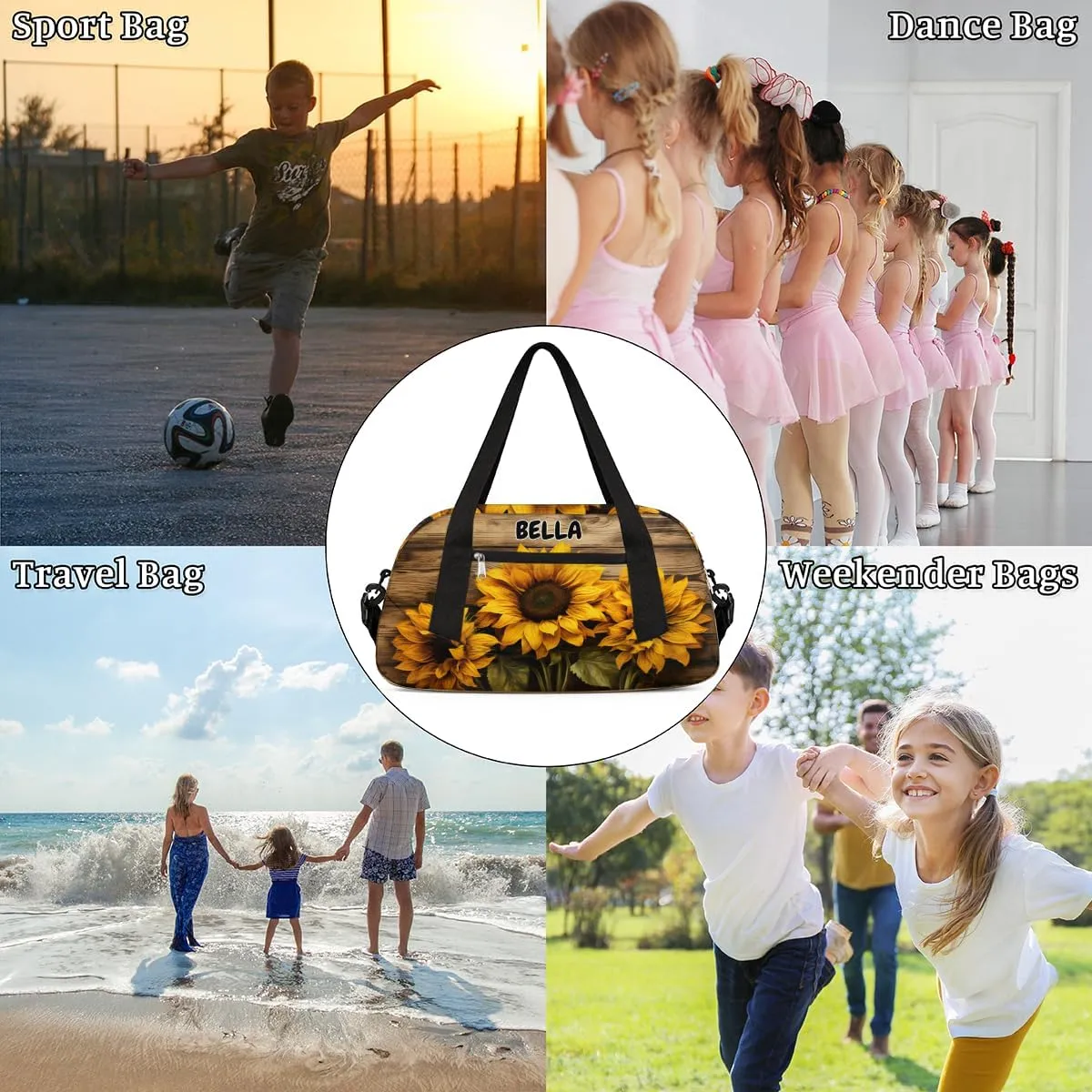 Custom Name Sports Duffel Bag Girls, Personalized Gym Dance Cheerleaders Bag Travel Weekender Tote Carry-On Fitness Perform Training Bag, Sunflower on the Brown Wood Board