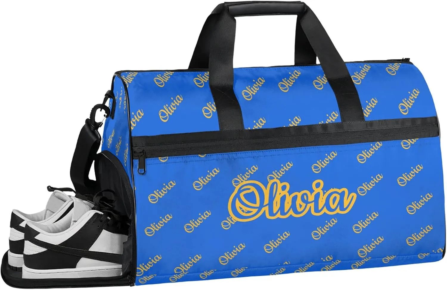 Custom Sport Duffel Bags with Shoe Compartment Personalized Name Travel Overnight Bag Waterproof Dance Bag Lightweight Carry-On Tote for Women Men, Blue Yellow
