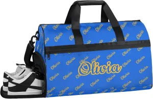 Custom Sport Duffel Bags with Shoe Compartment Personalized Name Travel Overnight Bag Waterproof Dance Bag Lightweight Carry-On Tote for Women Men, Blue Yellow