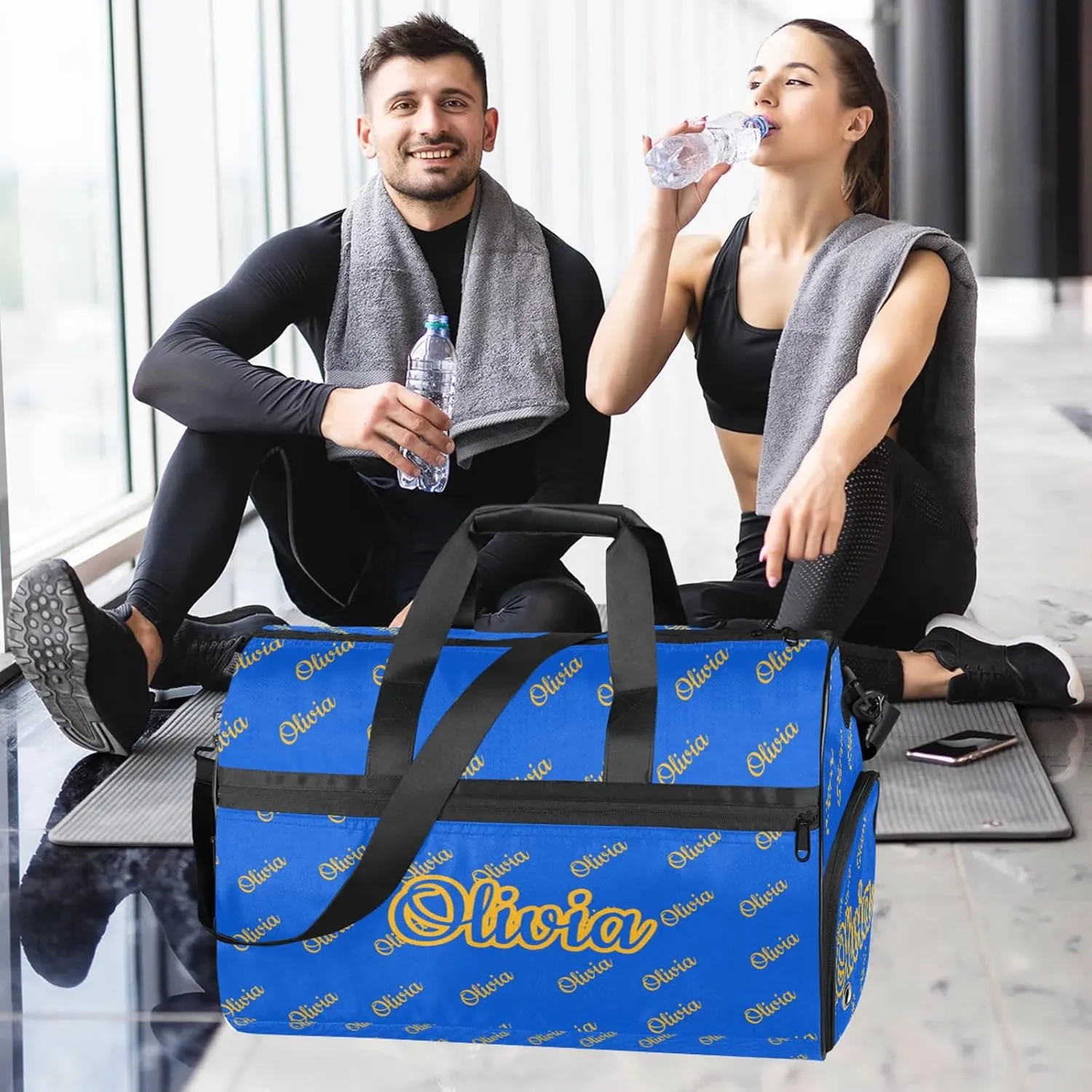 Custom Sport Duffel Bags with Shoe Compartment Personalized Name Travel Overnight Bag Waterproof Dance Bag Lightweight Carry-On Tote for Women Men, Blue Yellow