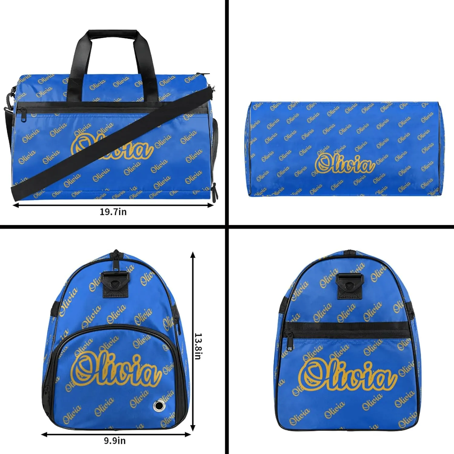 Custom Sport Duffel Bags with Shoe Compartment Personalized Name Travel Overnight Bag Waterproof Dance Bag Lightweight Carry-On Tote for Women Men, Blue Yellow