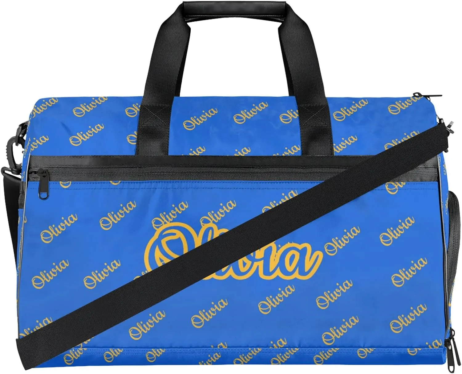 Custom Sport Duffel Bags with Shoe Compartment Personalized Name Travel Overnight Bag Waterproof Dance Bag Lightweight Carry-On Tote for Women Men, Blue Yellow