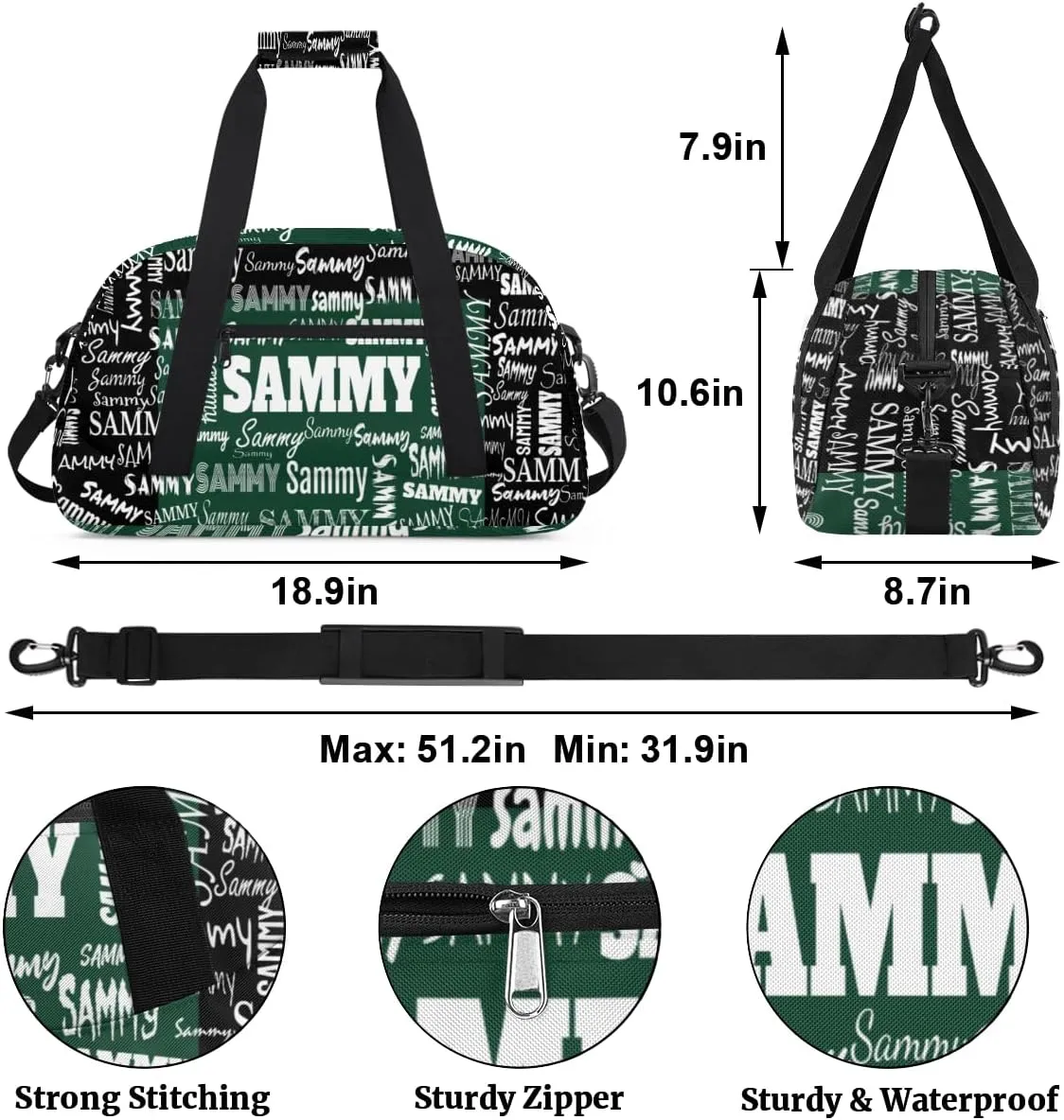 Custom Sports Bag Gym Bag for Boys Teens, Personalized Travel Bag Overnight Small Duffel Bag Gymnastics Swimming Sleepover Overnight Sports Bag, Dark Green and Black