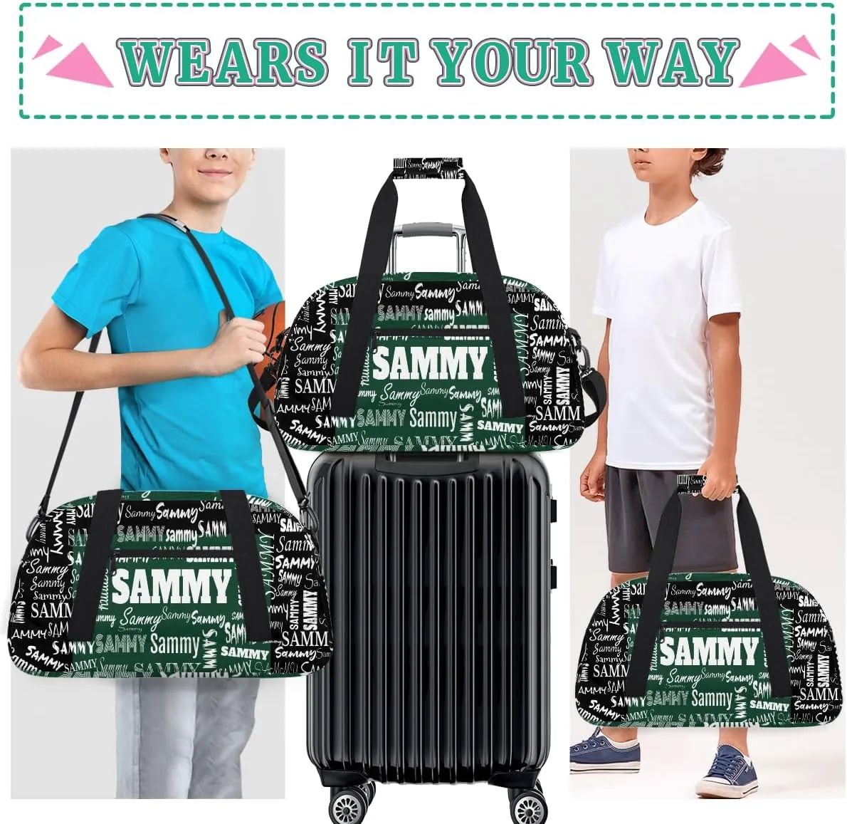 Custom Sports Bag Gym Bag for Boys Teens, Personalized Travel Bag Overnight Small Duffel Bag Gymnastics Swimming Sleepover Overnight Sports Bag, Dark Green and Black