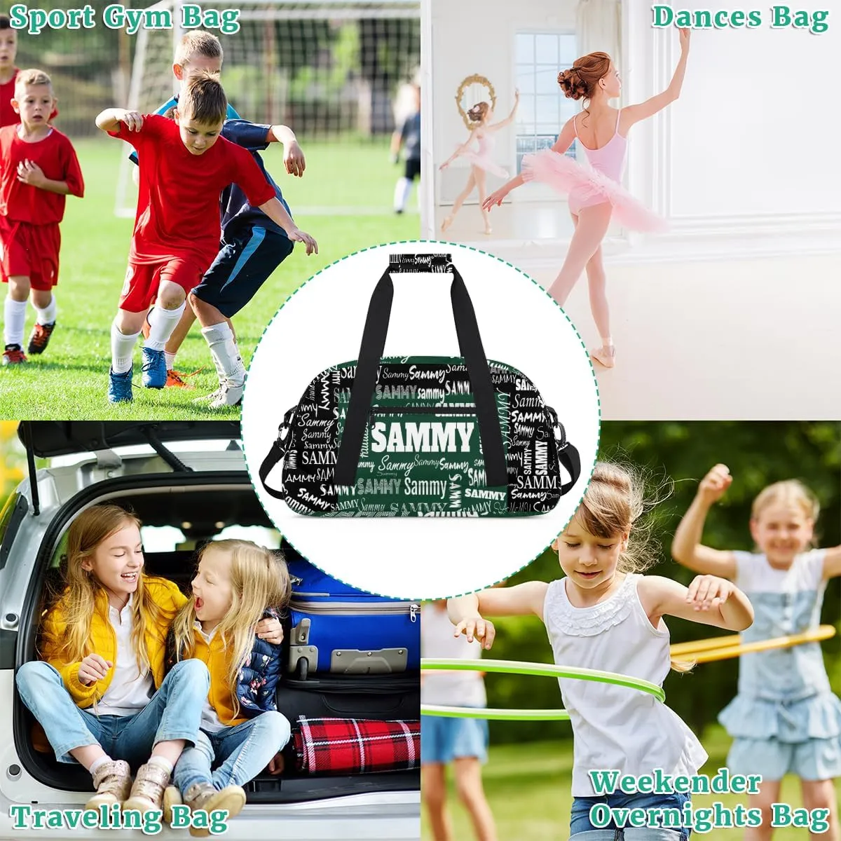 Custom Sports Bag Gym Bag for Boys Teens, Personalized Travel Bag Overnight Small Duffel Bag Gymnastics Swimming Sleepover Overnight Sports Bag, Dark Green and Black