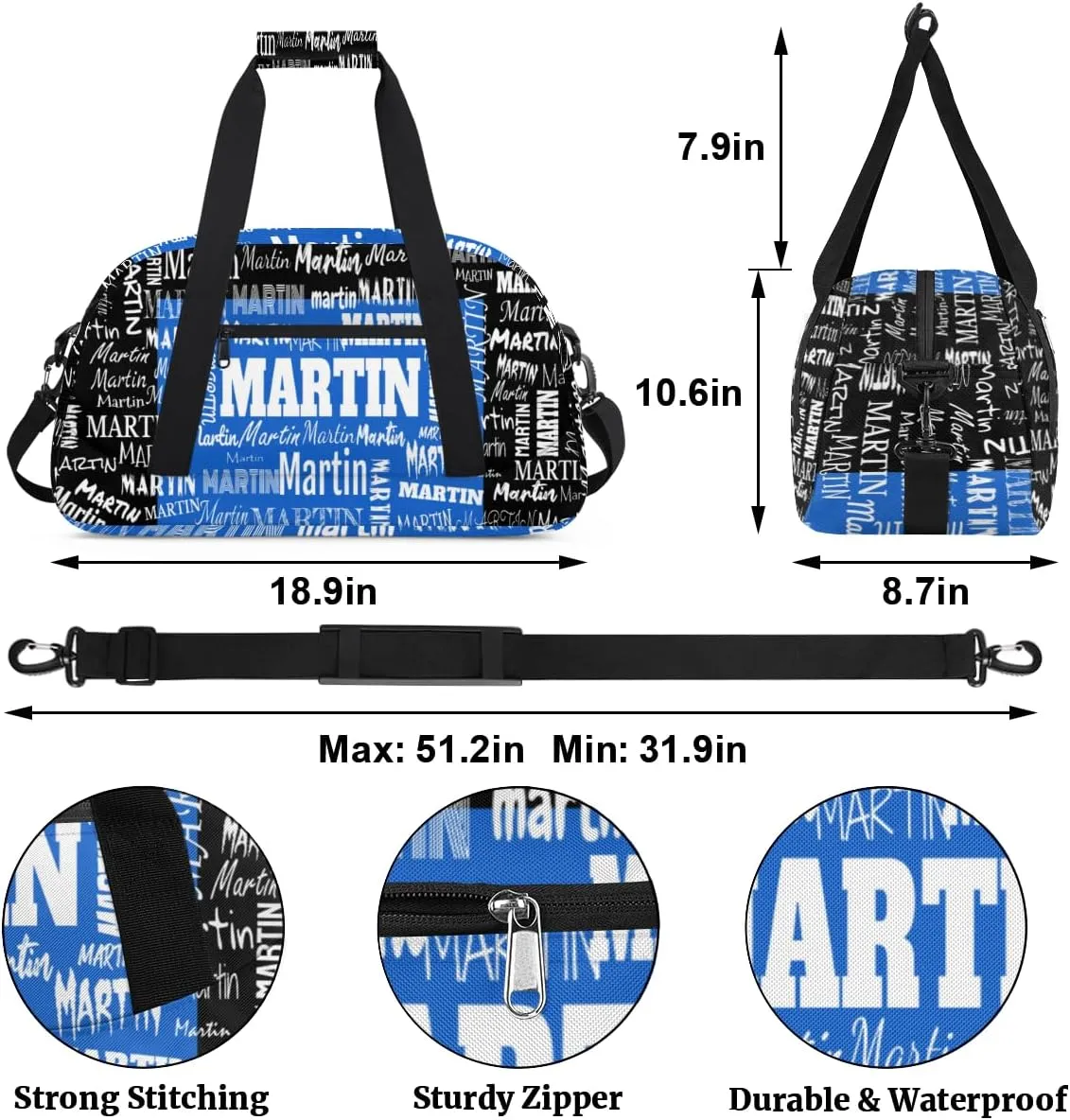 Custom Sports Bag Names for Boys Kids Teens, Personalized Name Sport Fitness Duffle Gym Bag Travel Weekender Lightweight Bags, Royal Blue and Black Color