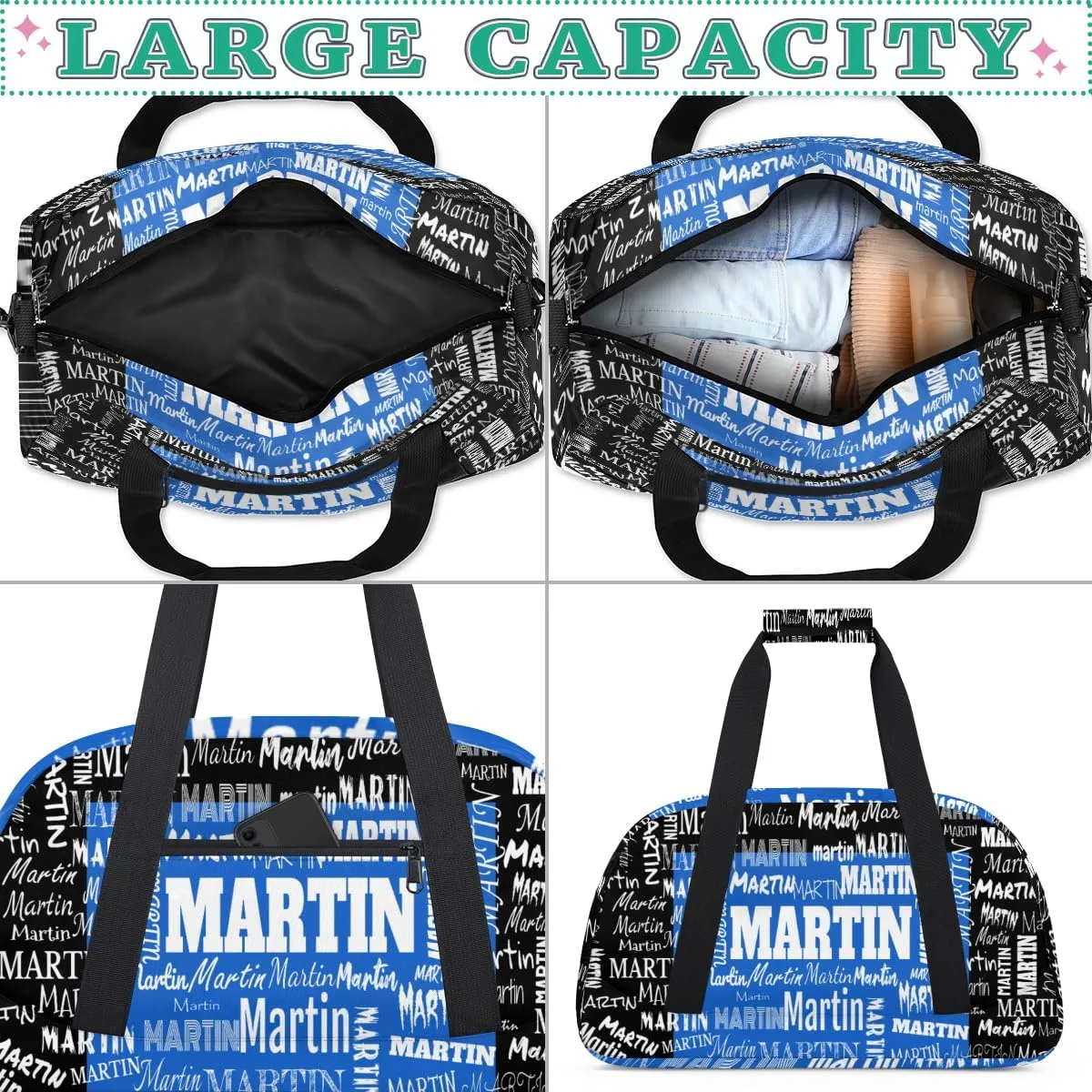 Custom Sports Bag Names for Boys Kids Teens, Personalized Name Sport Fitness Duffle Gym Bag Travel Weekender Lightweight Bags, Royal Blue and Black Color