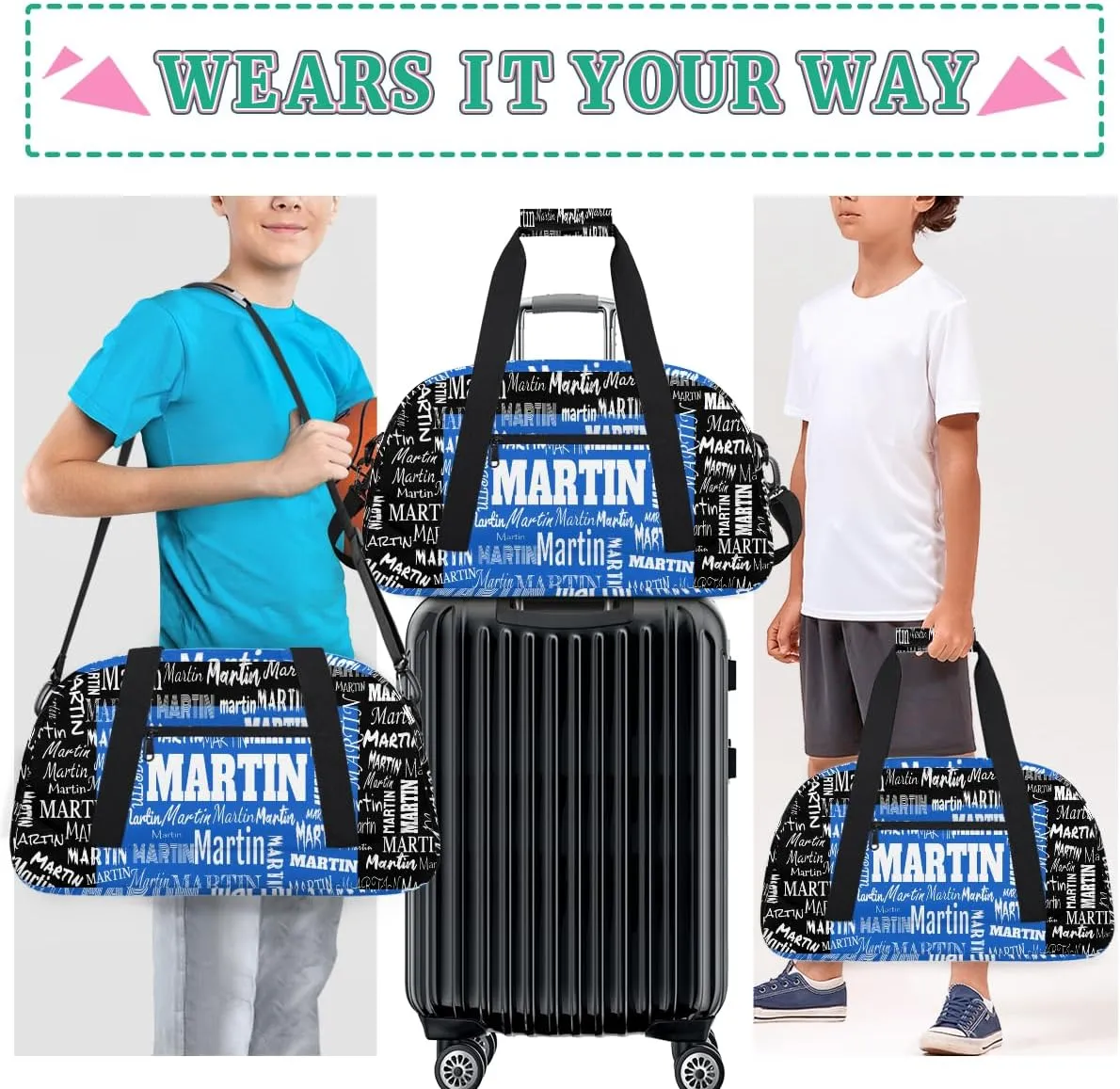 Custom Sports Bag Names for Boys Kids Teens, Personalized Name Sport Fitness Duffle Gym Bag Travel Weekender Lightweight Bags, Royal Blue and Black Color