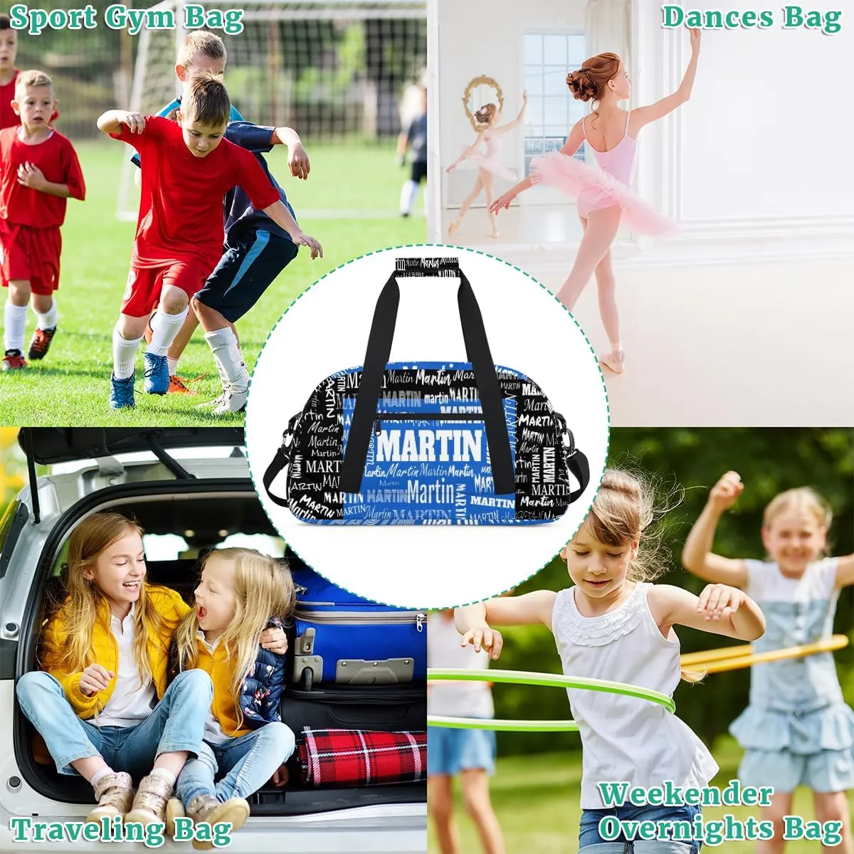 Custom Sports Bag Names for Boys Kids Teens, Personalized Name Sport Fitness Duffle Gym Bag Travel Weekender Lightweight Bags, Royal Blue and Black Color