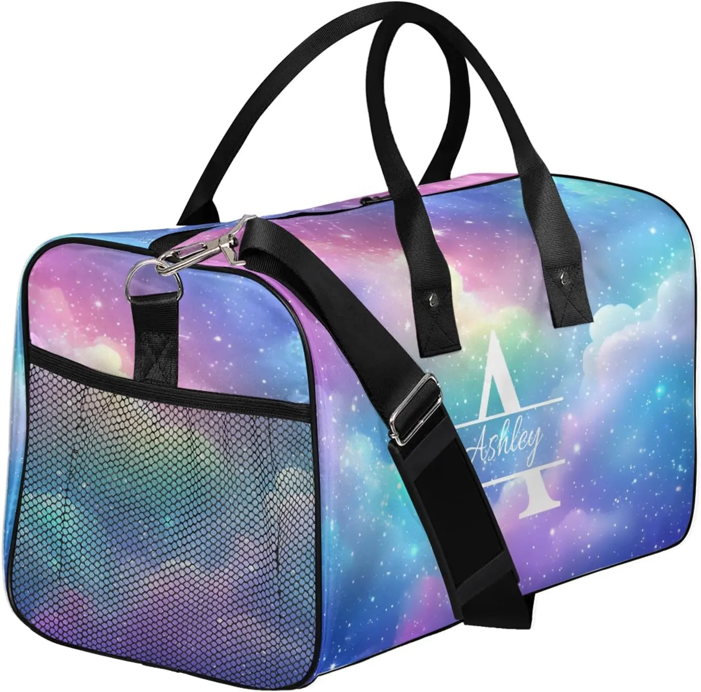 Custom Sports Duffel Bag Personalized Name Dance Gym Bag for Women Men Overnight Weekender Travel Duffel Bags Lightweight 17.4in, Colorful Clouds Star