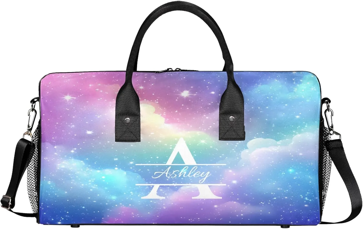 Custom Sports Duffel Bag Personalized Name Dance Gym Bag for Women Men Overnight Weekender Travel Duffel Bags Lightweight 17.4in, Colorful Clouds Star