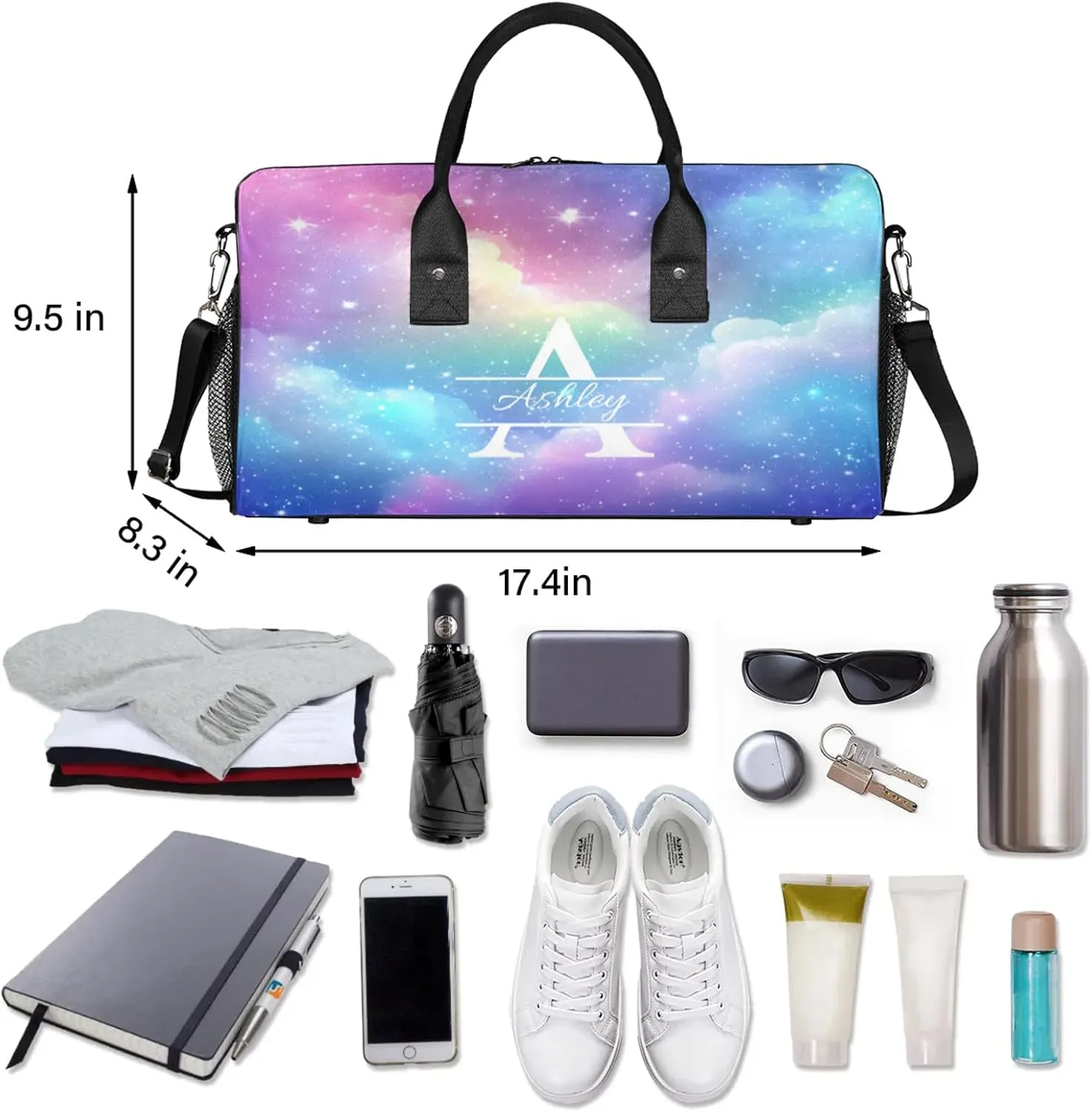 Custom Sports Duffel Bag Personalized Name Dance Gym Bag for Women Men Overnight Weekender Travel Duffel Bags Lightweight 17.4in, Colorful Clouds Star