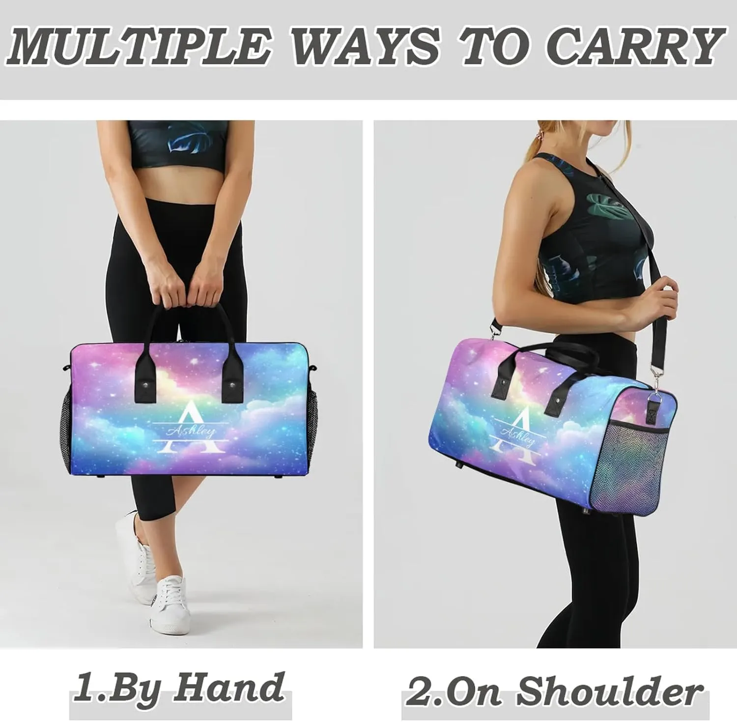 Custom Sports Duffel Bag Personalized Name Dance Gym Bag for Women Men Overnight Weekender Travel Duffel Bags Lightweight 17.4in, Colorful Clouds Star