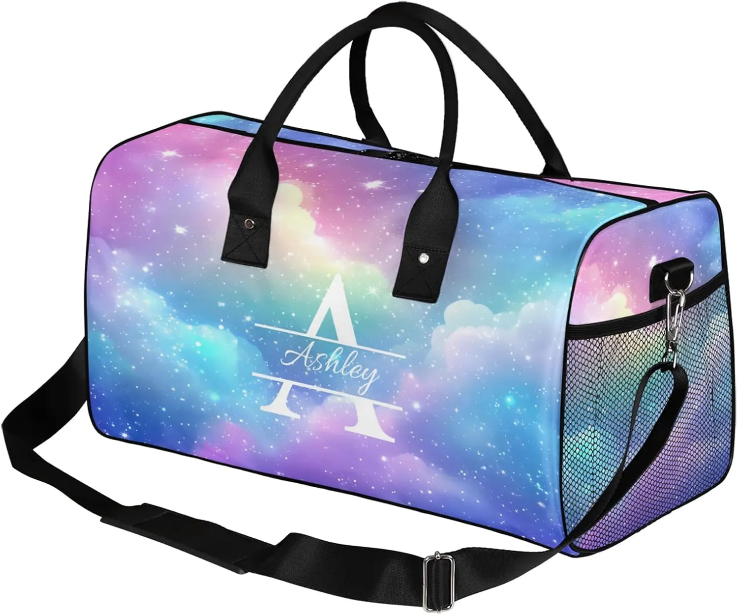 Custom Sports Duffel Bag Personalized Name Dance Gym Bag for Women Men Overnight Weekender Travel Duffel Bags Lightweight 17.4in, Colorful Clouds Star