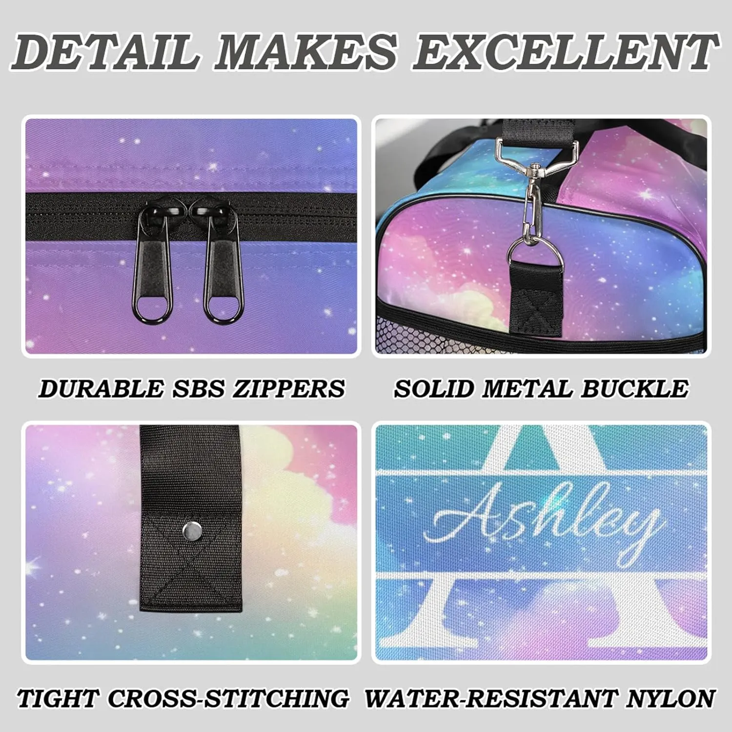 Custom Sports Duffel Bag Personalized Name Dance Gym Bag for Women Men Overnight Weekender Travel Duffel Bags Lightweight 17.4in, Colorful Clouds Star
