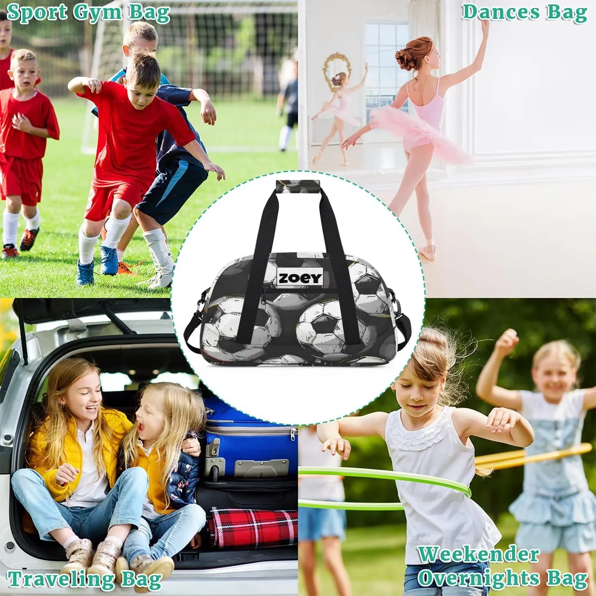 Custom Sports Soccer Gym Bags for Boys, Overnight Duffel Bags Workout Training Personalized Sport Gym Bag Travel Practice Gymnastics Duffel Bag, Black White Football Soccer