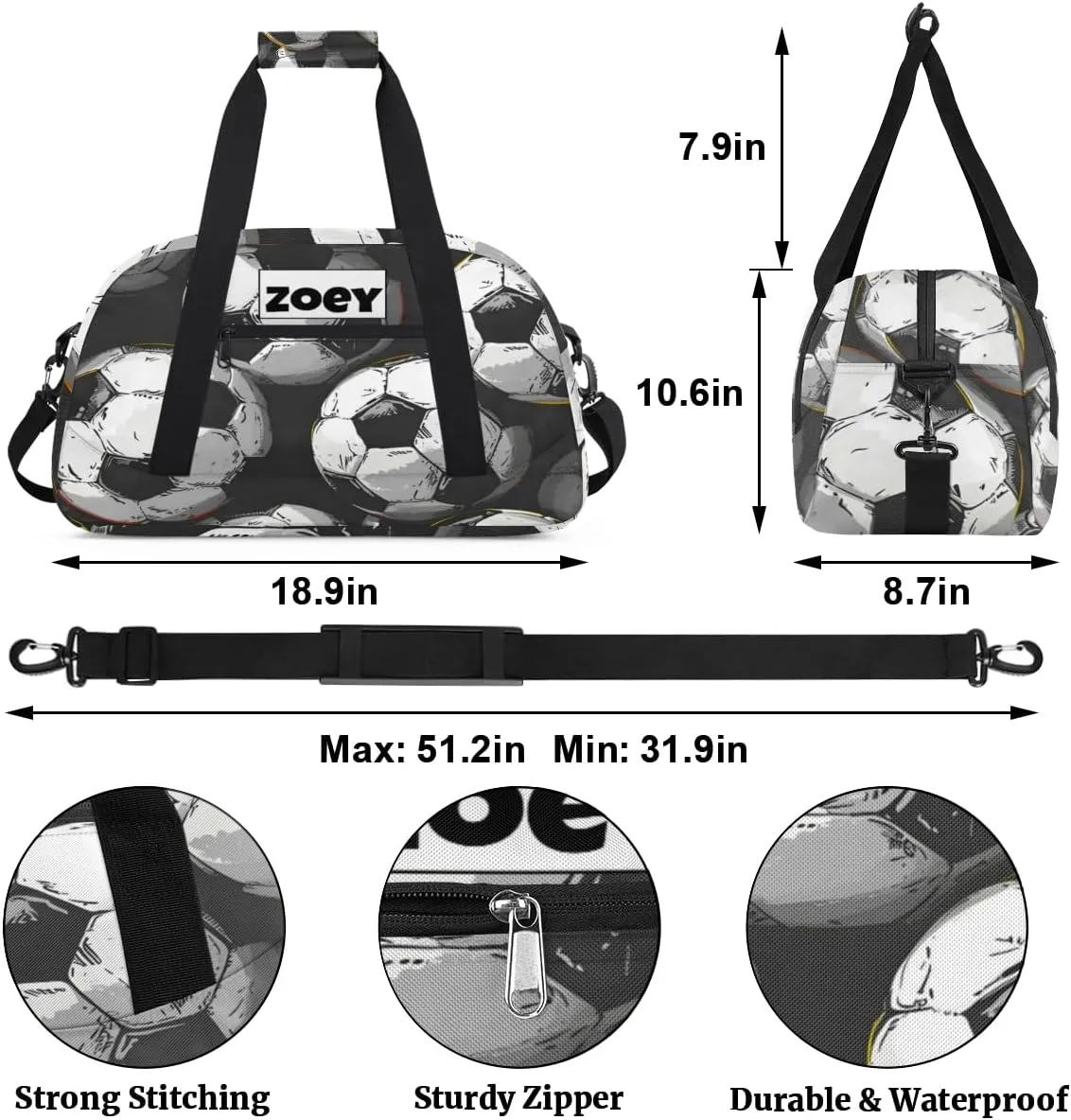 Custom Sports Soccer Gym Bags for Boys, Overnight Duffel Bags Workout Training Personalized Sport Gym Bag Travel Practice Gymnastics Duffel Bag, Black White Football Soccer