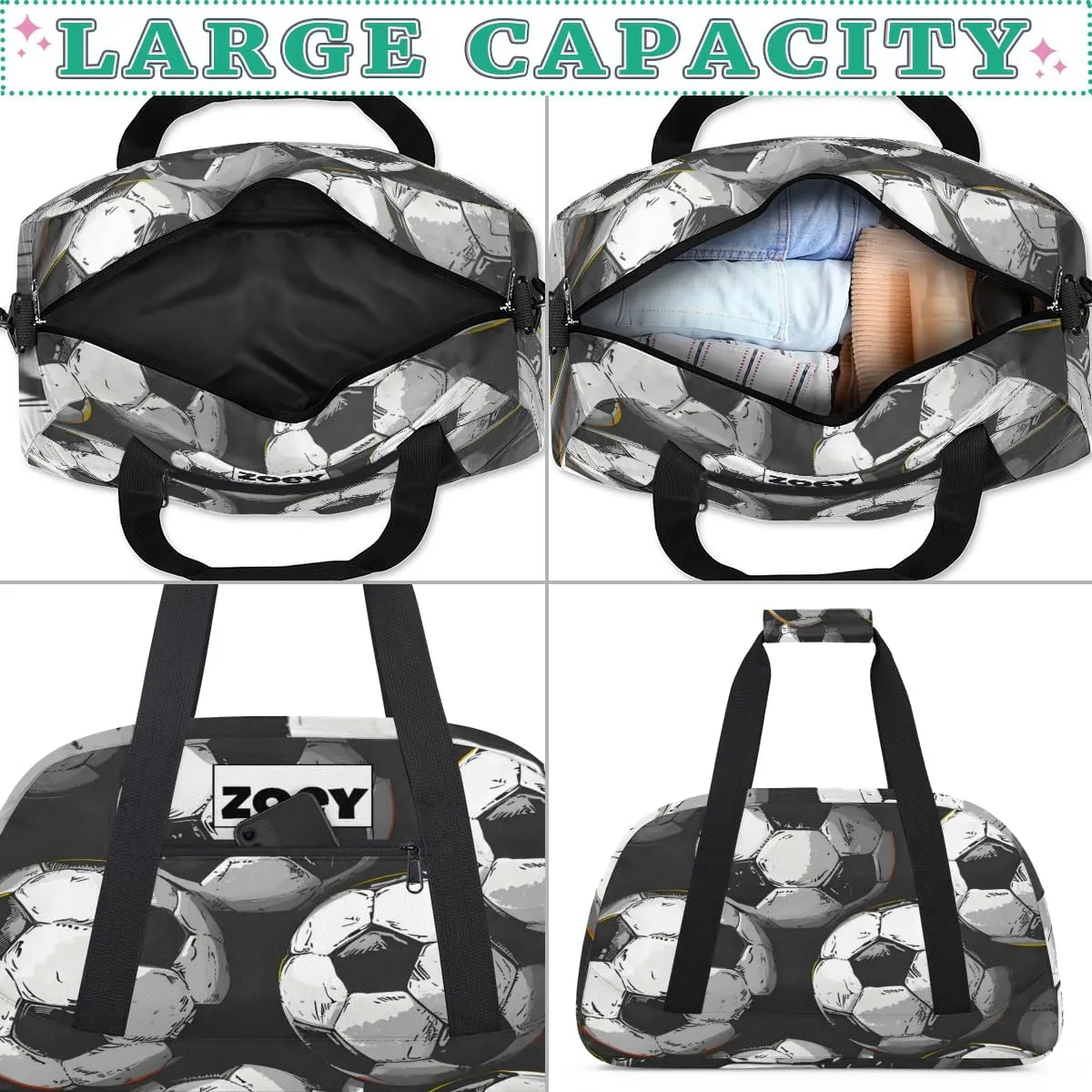 Custom Sports Soccer Gym Bags for Boys, Overnight Duffel Bags Workout Training Personalized Sport Gym Bag Travel Practice Gymnastics Duffel Bag, Black White Football Soccer