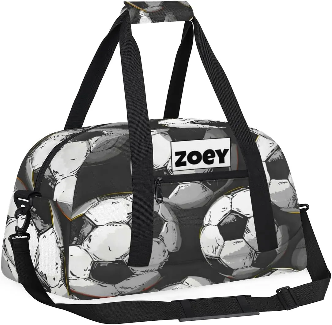 Custom Sports Soccer Gym Bags for Boys, Overnight Duffel Bags Workout Training Personalized Sport Gym Bag Travel Practice Gymnastics Duffel Bag, Black White Football Soccer