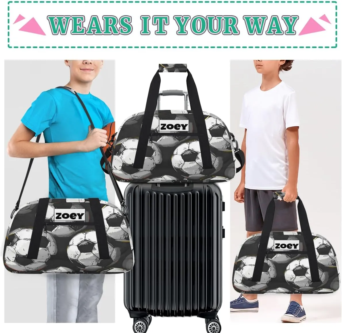Custom Sports Soccer Gym Bags for Boys, Overnight Duffel Bags Workout Training Personalized Sport Gym Bag Travel Practice Gymnastics Duffel Bag, Black White Football Soccer