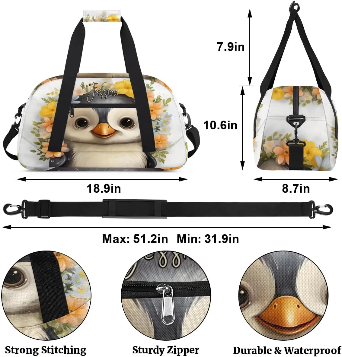 Custom Travel Bag Kids Gym Bag with Name Small Sport Tote Bag Dance Bag As Gifts for Boys and Girls Cute Penguin