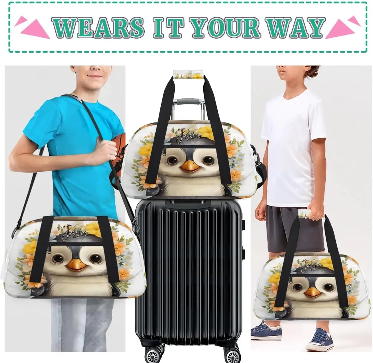 Custom Travel Bag Kids Gym Bag with Name Small Sport Tote Bag Dance Bag As Gifts for Boys and Girls Cute Penguin