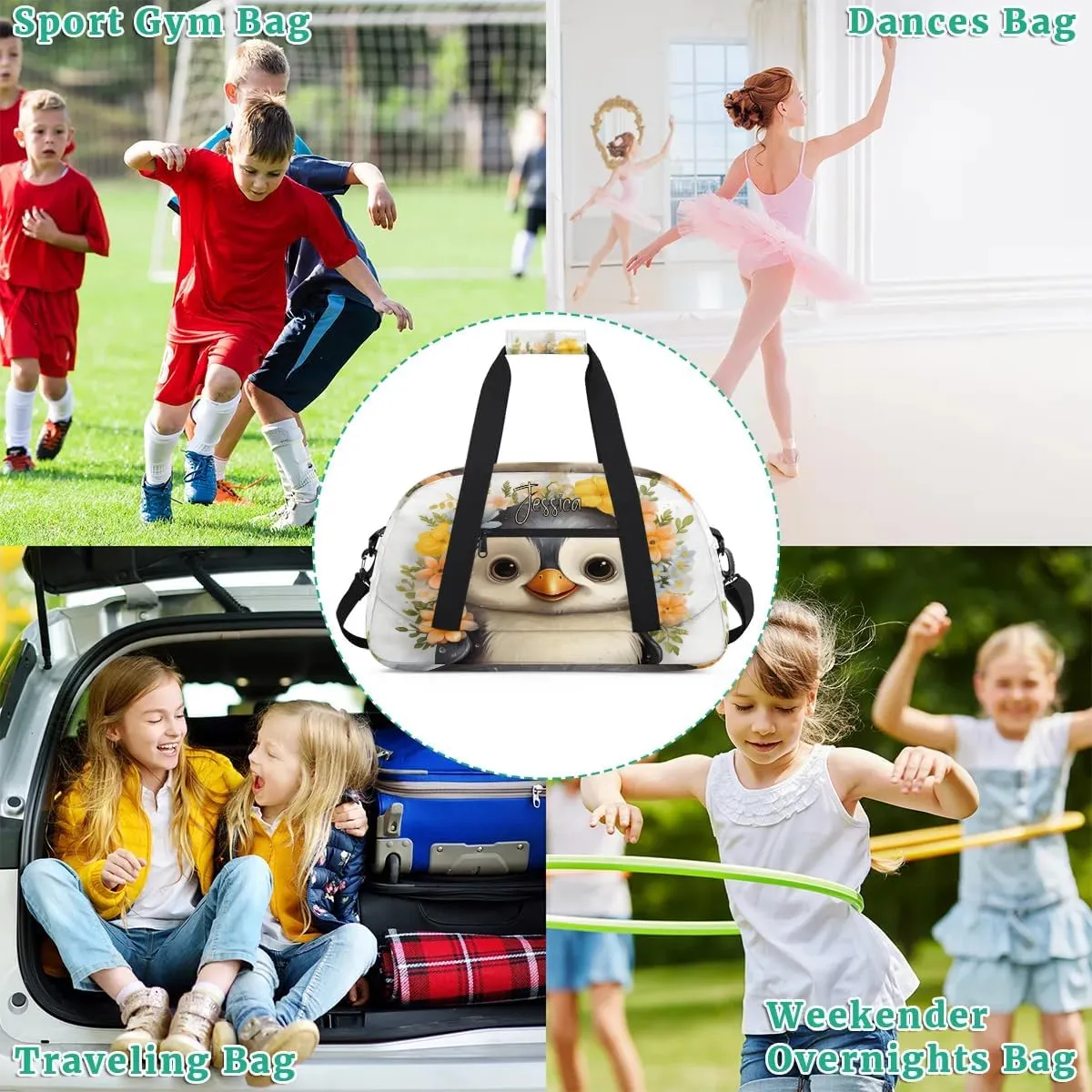 Custom Travel Bag Kids Gym Bag with Name Small Sport Tote Bag Dance Bag As Gifts for Boys and Girls Cute Penguin