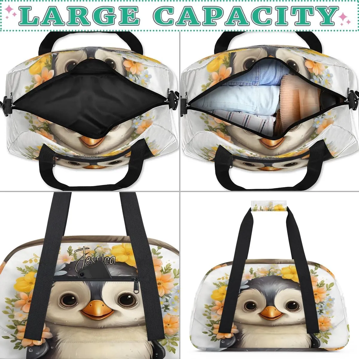 Custom Travel Bag Kids Gym Bag with Name Small Sport Tote Bag Dance Bag As Gifts for Boys and Girls Cute Penguin