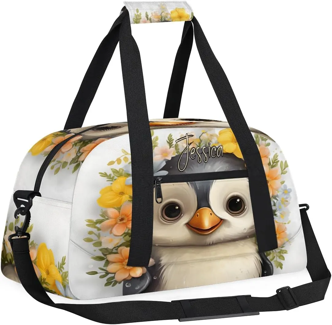 Custom Travel Bag Kids Gym Bag with Name Small Sport Tote Bag Dance Bag As Gifts for Boys and Girls Cute Penguin