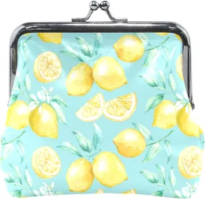 Custom Vintage Lemon Blue Leather Coin Purse Women Cute Buckle Kiss Lock Card Wallet Change Purse