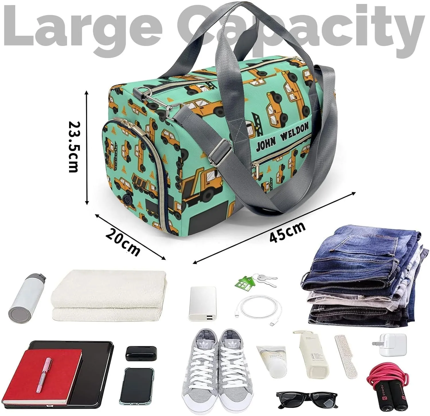 Custon Name Work Cars Trucks Gym Sport Yoga Duffel Bag Sport Player Travel Bag,Sport Gym Bag Personalized Gift for Travel Hand Bag Carry on Bag