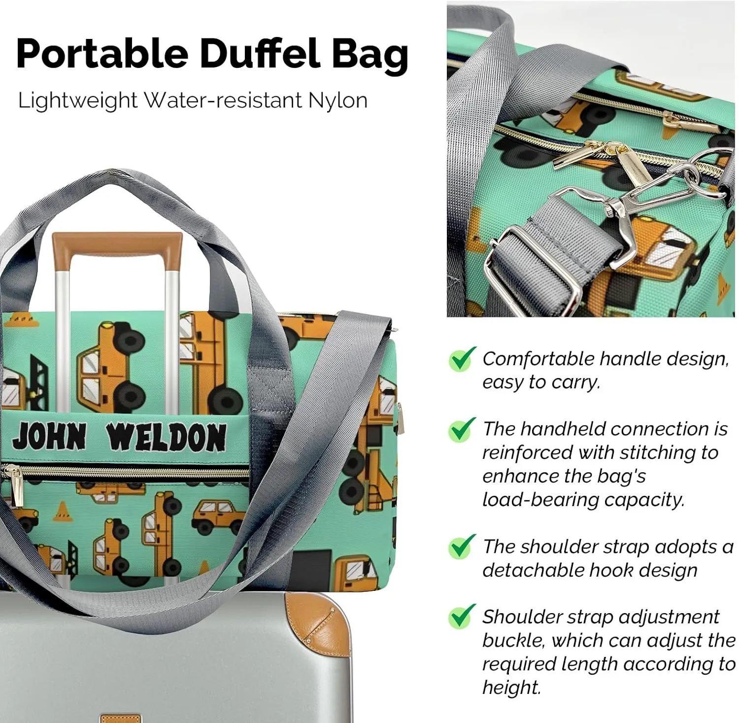 Custon Name Work Cars Trucks Gym Sport Yoga Duffel Bag Sport Player Travel Bag,Sport Gym Bag Personalized Gift for Travel Hand Bag Carry on Bag