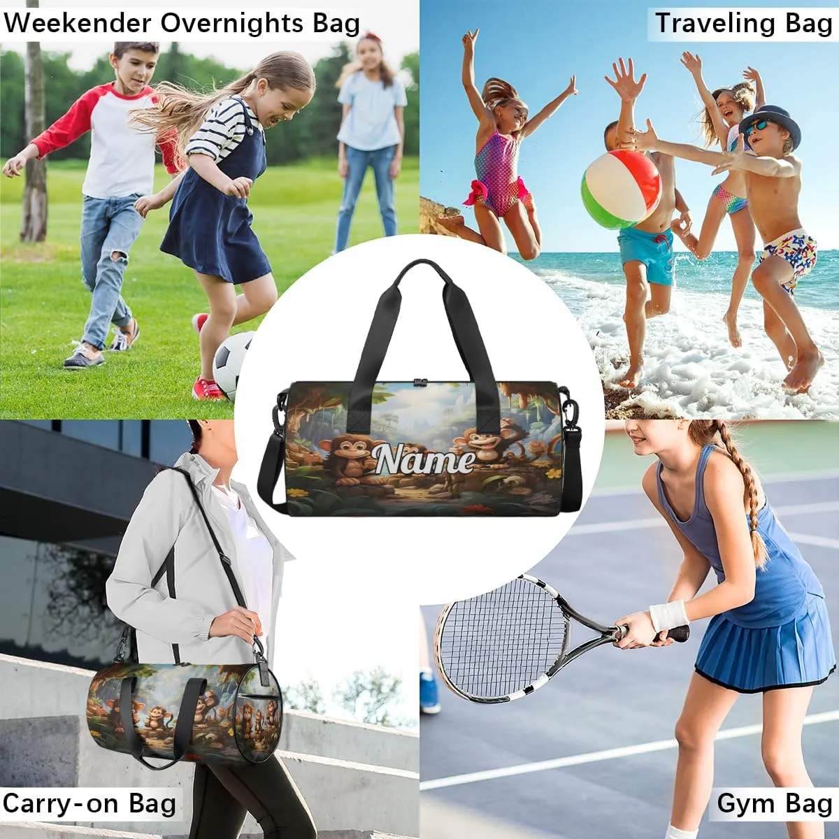 Cute Dance Bag Sport Duffel Gymnastics Sport Bags Custom Ballet Bag Overnight Weekender Bag Waterproof Pattern, Monkey Print