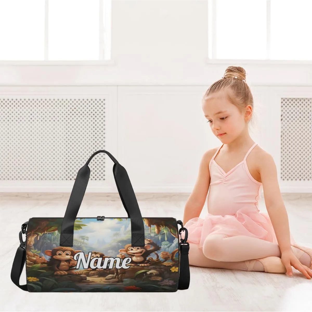 Cute Dance Bag Sport Duffel Gymnastics Sport Bags Custom Ballet Bag Overnight Weekender Bag Waterproof Pattern, Monkey Print