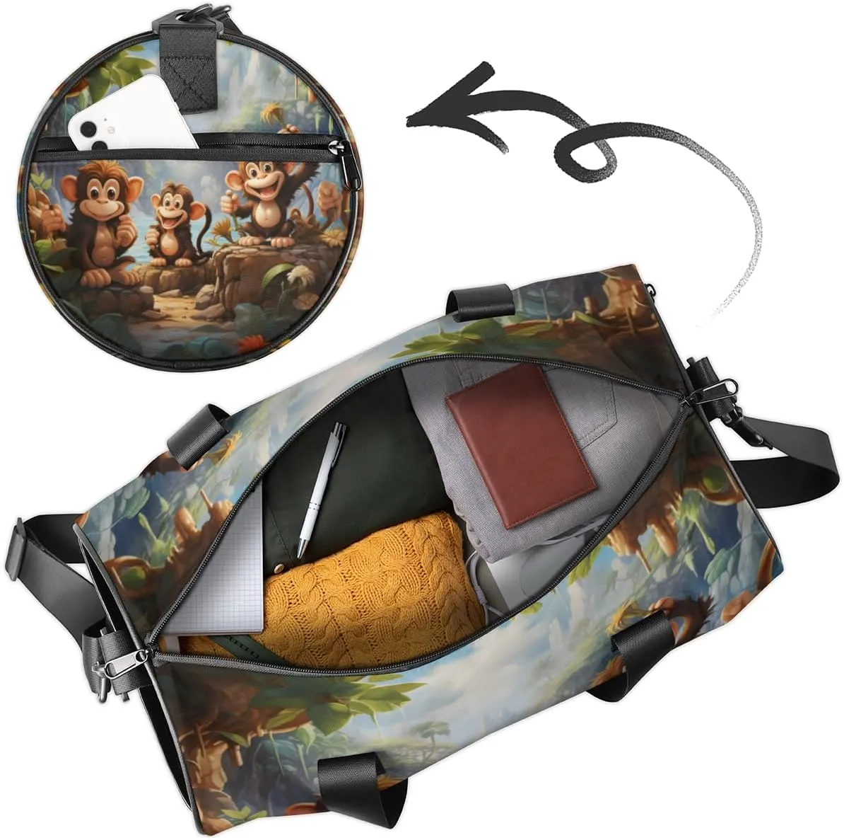 Cute Dance Bag Sport Duffel Gymnastics Sport Bags Custom Ballet Bag Overnight Weekender Bag Waterproof Pattern, Monkey Print