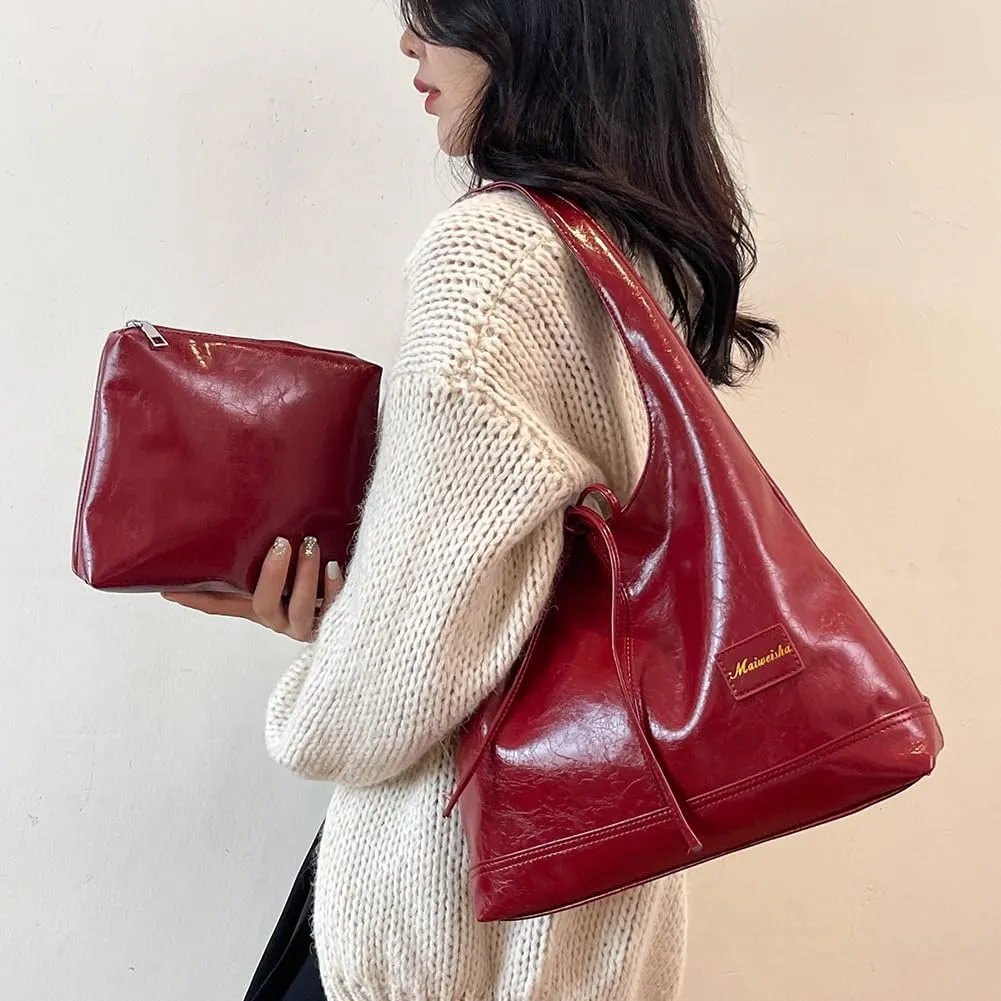 Cute Leather Tote Bag for Women Slouchy Y2K Hobo Bag Stylish Shoulder Purse Large Should Bag Bow