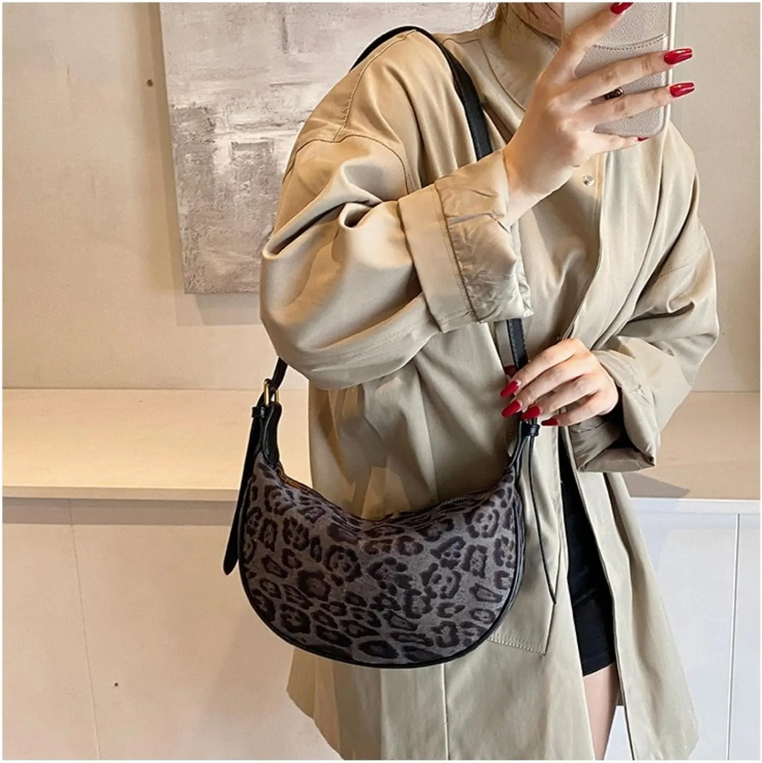CUTEGAL Suede Bags for Women Leopard Bag Shoulder Bag Slouchy Bag Brown Suede Handbag Crescent Bag Leopard Tote Bag
