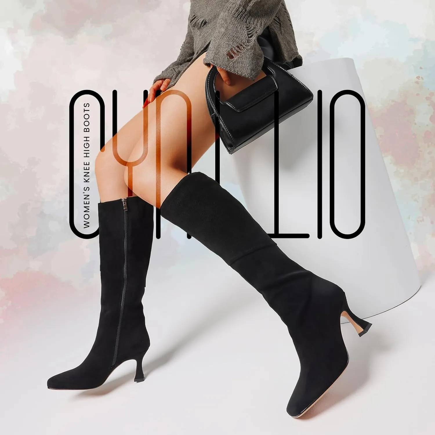 CYNLLIO Knee High Boots Women Square Toe Kitten High Heel Tall Boots Fashion Side Zipper Stiletto Heel Long Boots