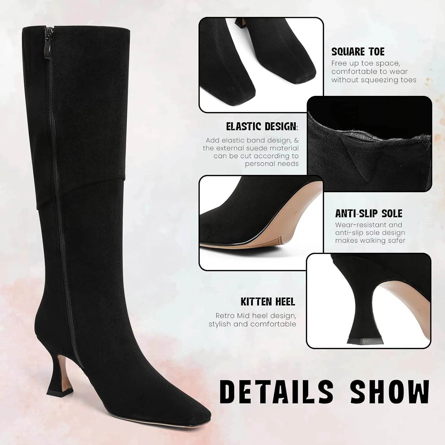 CYNLLIO Knee High Boots Women Square Toe Kitten High Heel Tall Boots Fashion Side Zipper Stiletto Heel Long Boots